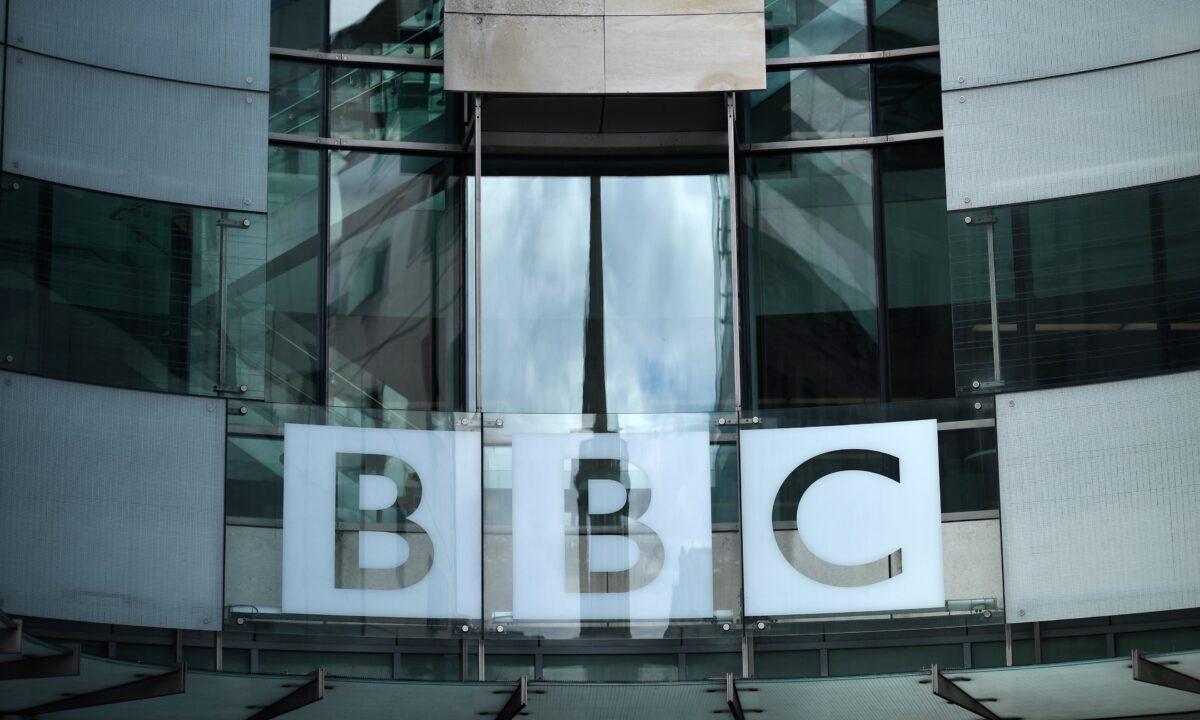 A BBC sign is displayed outside the BBC headquarters in Portland Place, London, on July 2, 2020. (Ben Stansall/AFP via Getty Images)