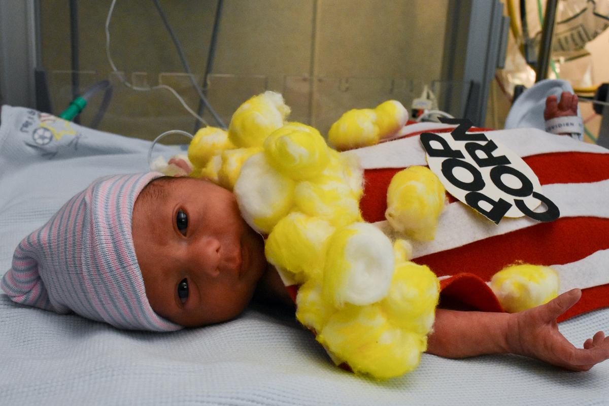 Baby from the Tallahassee Memorial HealthCare NICU dressed in a popcorn costume. (Courtesy of <a href="https://www.facebook.com/TallahasseeMemorial">Tallahassee Memorial HealthCare</a>)