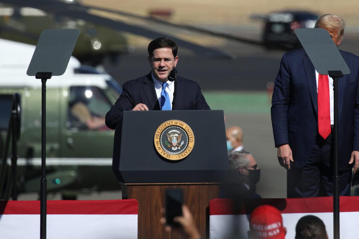 Arizona Gov. Doug Ducey speaks at a “Make America Great Again” campaign rally on Oct. 19, 2020, in Prescott, Arizona. (Caitlin O'Hara/Getty Images)