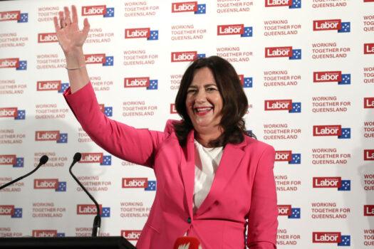 Queensland Premier Annastacia Palaszczuk waves to supporters at her polling party in Inala, Brisbane, Australia on Oct. 31, 2020. (Jono Searle/Getty Images)