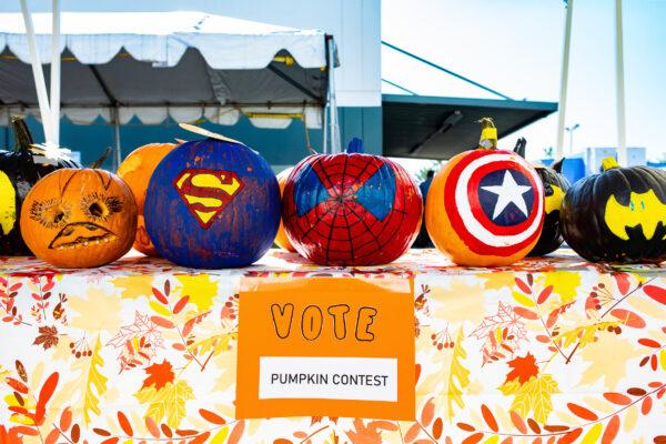 Decorated pumpkins sit on a table outside Fountain Valley Regional Hospital on Oct. 30, 2020. (John Fredricks/The Epoch Times)