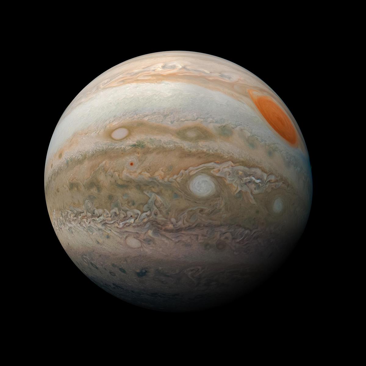 Jupiter (<a href="https://commons.wikimedia.org/wiki/File:PIA22946-Jupiter-RedSpot-JunoSpacecraft-20190212.jpg">NASA/JPL-Caltech/SwRI/MSSS/Kevin M. Gill</a>)