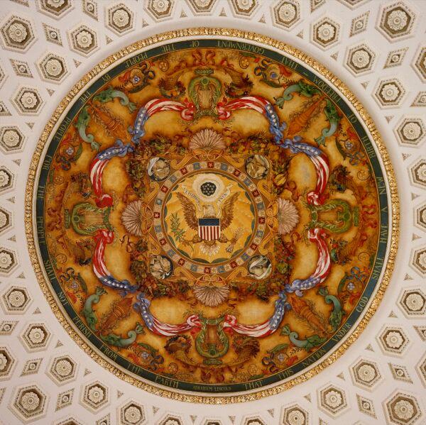 The ceiling of the Thomas Jefferson Building says: “That this nation under God should have a new birth of freedom. Have government of the people by the people for the people shall not perish from the earth.” (Public Domain)