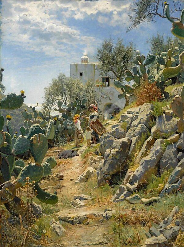 “At Noon on a Cactus Plantation in Capri,” 1885, Peder Mork Monsted. Oil on canvas, 64 1/4 inches by 48 inches. Private Collection. (Public Domain)