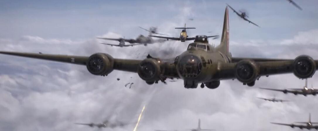 An American bomber under attack by German warplanes in "Red Tails." (Lucasfilm Ltd. and TM)