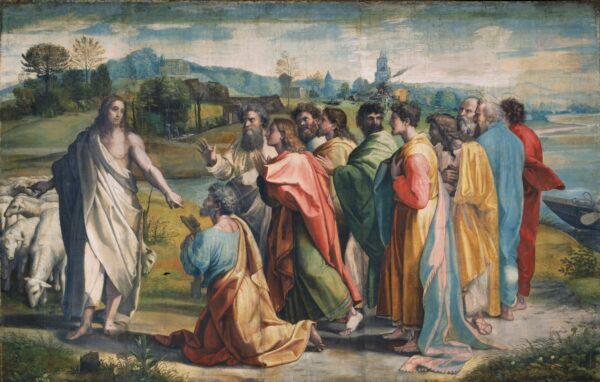 "Christ's Charge to Peter (Matthew 16: 18<strong>–</strong>19 and John 21: 15<strong>–</strong>17)," 1515<strong>–</strong>16, by Raphael. Body color on paper, laid onto canvas. (Victoria and Albert Museum, London/<br/>Courtesy Royal Collection Trust/Her Majesty Queen Elizabeth II 2021)