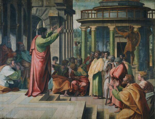 "Paul Preaching at Athens (Acts 17: 16<strong>–</strong>34)," 1515<strong>–</strong>16, by Raphael. Body color on paper, laid onto canvas. (Victoria and Albert Museum, London/Courtesy Royal Collection Trust/Her Majesty Queen Elizabeth II 2021)