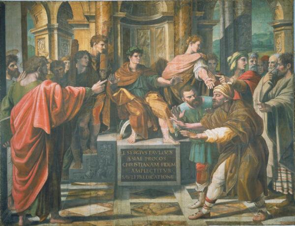 "The Conversion of the Proconsul," or "The Blinding of Elymas (Acts 13: 6<strong>–</strong>12),"<br/>1515<strong>–</strong>16, by Raphael. Body color on paper, laid onto canvas. (Victoria and Albert Museum, London/Courtesy Royal Collection Trust/Her Majesty Queen Elizabeth II 2021)