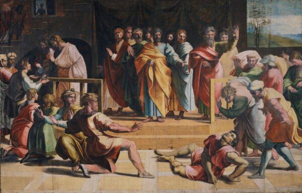 "The Death of Ananias (Acts 5: 1–5)," 1515–16, by Raphael. Body color on paper, laid onto canvas. (Victoria and Albert Museum, London/Courtesy Royal Collection Trust/Her Majesty Queen Elizabeth II 2021)