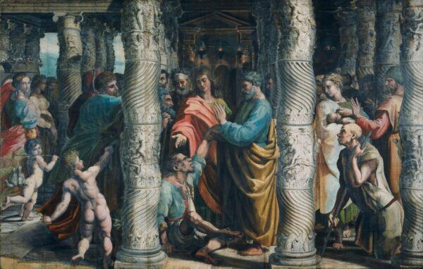"The Healing of the Lame Man (Acts 3: 1<strong>–</strong>8)," 1515<strong>–</strong>16, by Raphael. Body color on paper, laid onto canvas. (Victoria and Albert Museum, London/Courtesy Royal Collection Trust/Her Majesty Queen Elizabeth II 2021)