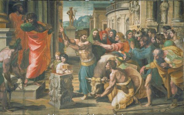 "The Sacrifice at Lystra (Acts 14: 8<strong>–</strong>18)," 1515<strong>–</strong>16, by Raphael. Body color on paper, laid onto canvas. (Victoria and Albert Museum, London/Courtesy Royal Collection Trust/Her Majesty Queen Elizabeth II 2021)