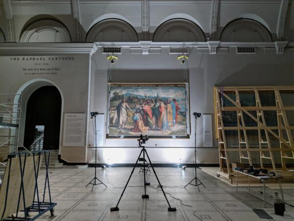 Recording the color of the Raphael Cartoons at the Victoria & Albert Museum using panoramic composite photography. (Gabriel Scarpa/Factum Foundation)