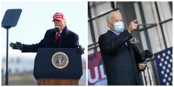 President Donald Trump (L) delivers remarks during a campaign rally at Fayetteville Regional Airport in Fayetteville, N.C., on Nov. 2, 2020. (Brian Blanco/Getty Images); Democratic presidential nominee Joe Biden (R)points to the crowd as he leaves a get-out-the-vote drive-in rally at Cleveland Burke Lakefront Airport in Cleveland, Ohio, on Nov. 2, 2020. (Drew Angerer/Getty Images)