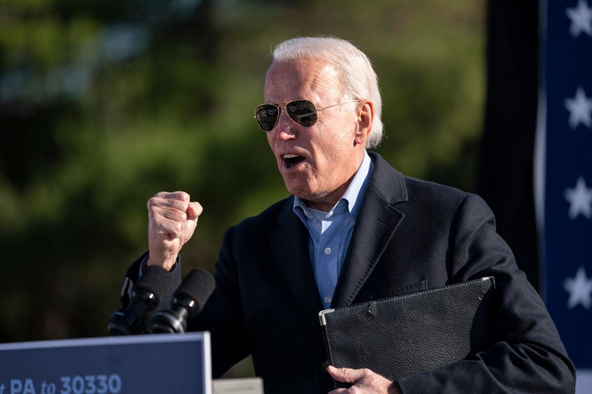 Democratic presidential nominee Joe Biden speaks at a campaign stop at Community College of Beaver County in Monaca, Penn., on Nov. 2, 2020. (Drew Angerer/Getty Images)