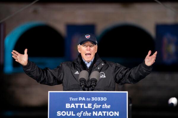 Democratic presidential nominee Joe Biden speaks during a drive-in campaign rally at Franklin Delano Roosevelt Park in Philadelphia, Pennsylvania, on Nov. 1, 2020. (Drew Angerer/Getty Images)