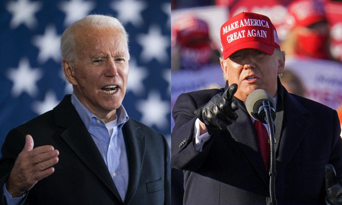 On left, Democratic presidential nominee Joe Biden speaks at a get-out-the-vote drive-in rally at Cleveland Burke Lakefront Airport in Cleveland, Ohio, on Nov. 2, 2020. On right, President Donald Trump gestures while addressing a campaign rally at the Wilkes-Barre Scranton International Airport in Avoca, Pa., Nov. 2, 2020. (Drew Angerer/Getty Images; Gene J. Puskar/AP Photo)