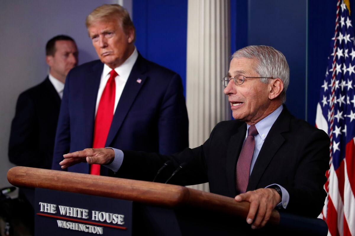 Then-President Donald Trump listens as Dr. Anthony Fauci, director of the National Institute of Allergy and Infectious Diseases, speaks about the CCP virus in the James Brady Press Briefing Room of the White House in Washington on April 22, 2020. (Alex Brandon/AP Photo)