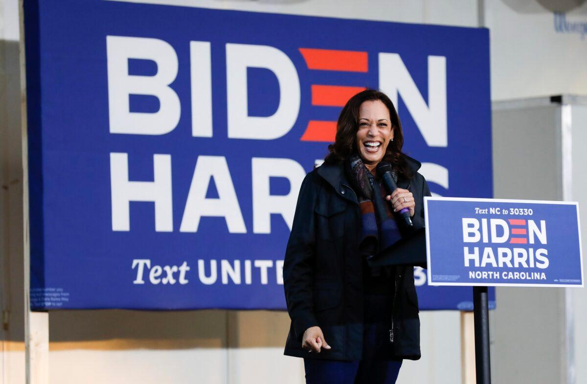 Democratic vice presidential candidate Sen. Kamala Harris (D-Calif.) speaks at a campaign event in Goldsboro, N.C., on Nov. 1, 2020. (Ben McKeown/AP Photo)