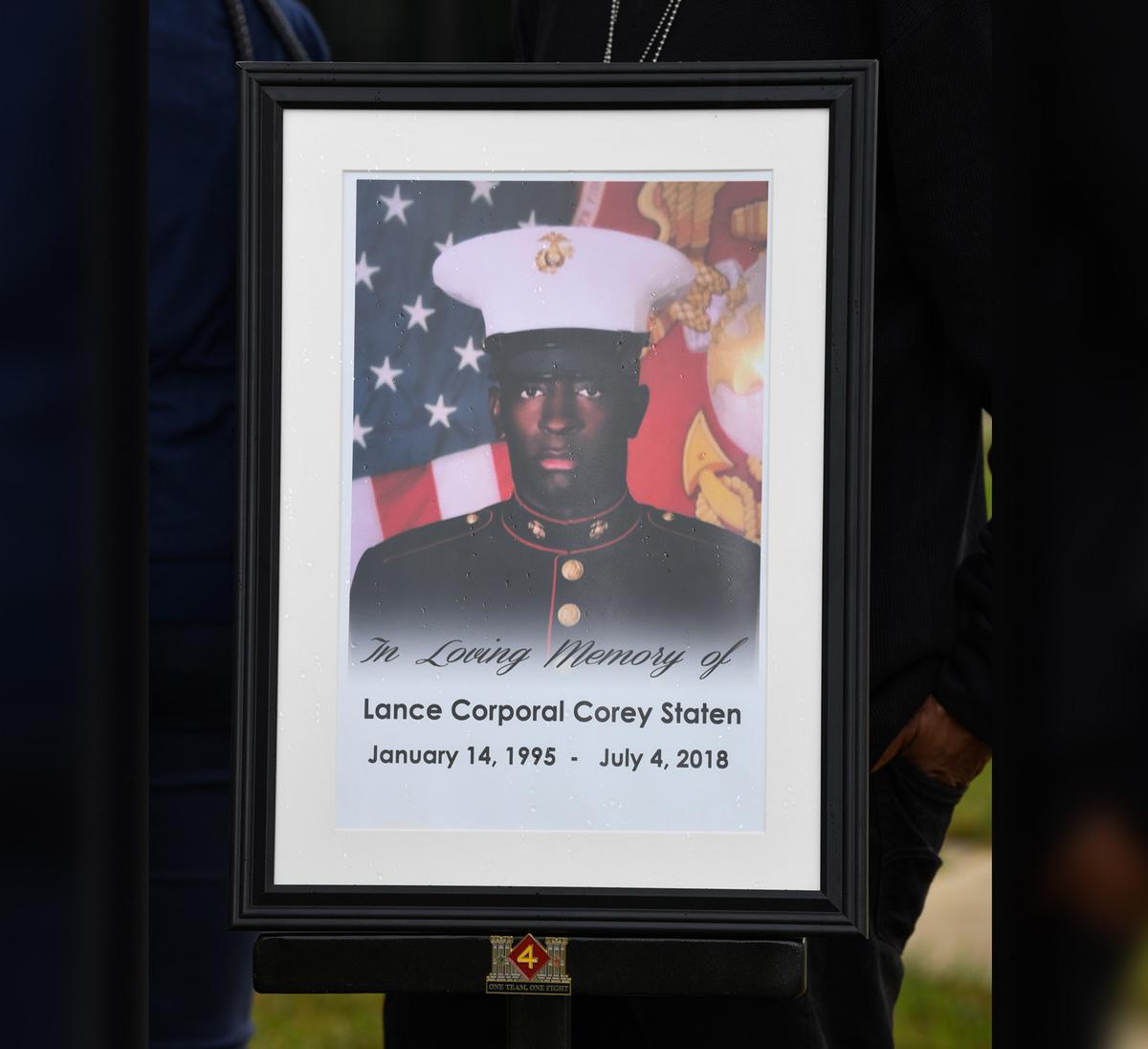 A photo depicting Lance Cpl. Corey Staten is displayed during an Award Ceremony held by 4th Combat Engineering Battalion in Baltimore, Oct. 24, 2020. (<a href="https://www.dvidshub.net/image/6406895/lance-cpl-corey-statens-award-ceremony">Lance Cpl. Dylon Grasso</a>/U.S. Marine Corps)