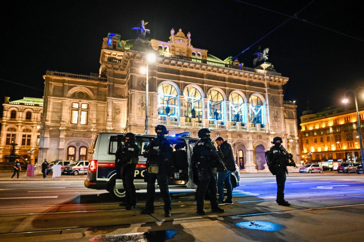 Heavily armed police stand outside the Vienna State Opera following shots fired in the city center in Vienna, on Nov. 2, 2020. (Michael Gruber/Getty Images)