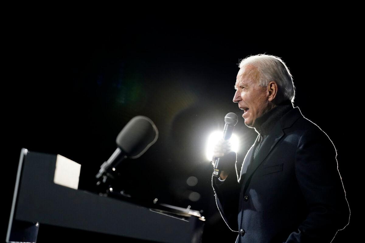 Democratic presidential nominee former Vice President Joe Biden speaks during a drive-in campaign rally at Lexington Technology Park in Pittsburgh, Pa., Nov. 2, 2020. (Andrew Harnik/AP Photo)