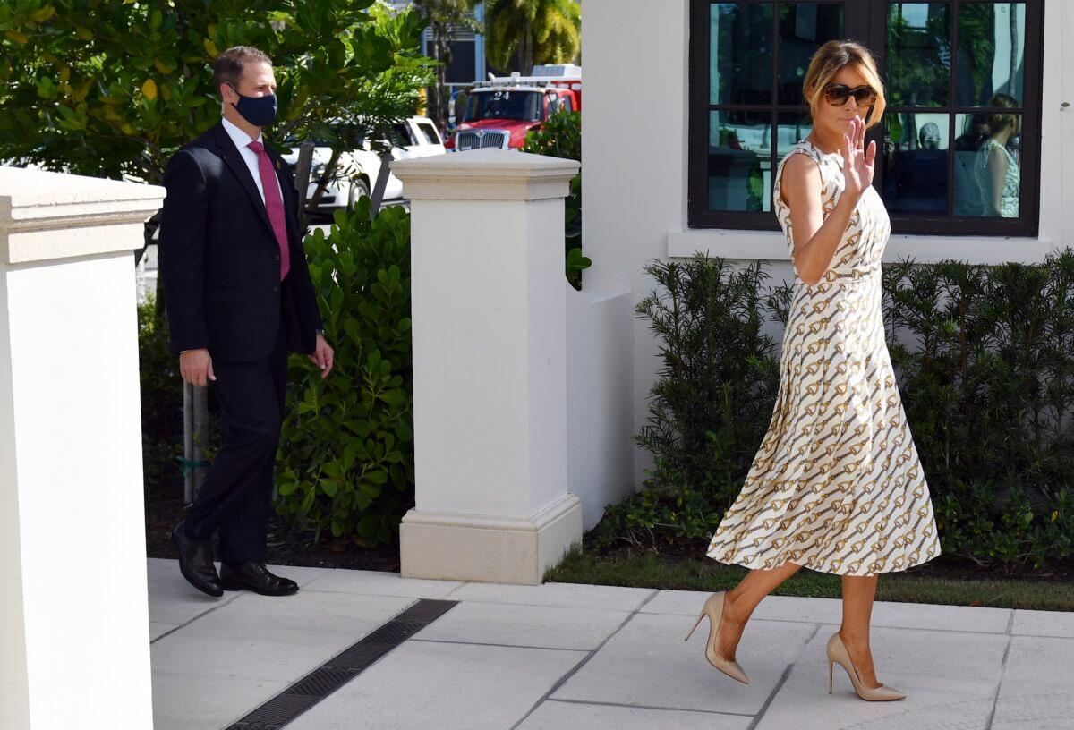 First Lady Melania Trump arrives to vote at the Morton and Barbara Mandel Recreation Center in Palm Beach, Fla., on Nov. 3, 2020. (Jim Rassol/AP Photo)