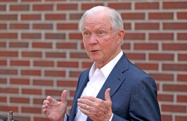 Jeff Sessions addresses the media after voting in the Alabama Republican primary runoff for the U.S. Senate at the Volunteers of America Southeast Chapter in Mobile, Alabama, on July 14, 2020. (Michael DeMocker/Getty Images)