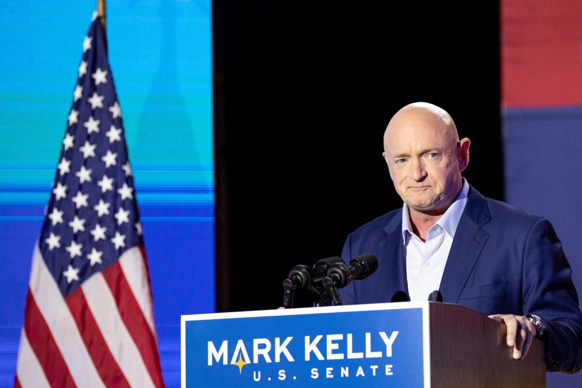 Sen. Mark Kelly speaks to supporters during an election night event in Tucson, Ariz., on Nov. 3, 2020. (Courtney Pedroza/Getty Images)