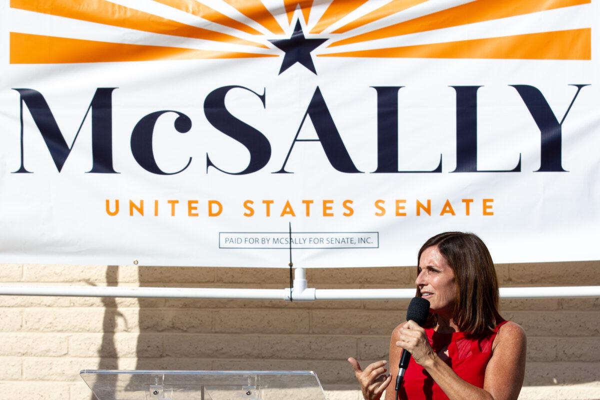 Republican U.S. Senate candidate Sen. Martha McSally (R-Ariz.) speaks to supporters in Phoenix, Ariz., on Nov. 2, 2020. (Courtney Pedroza/Getty Images)