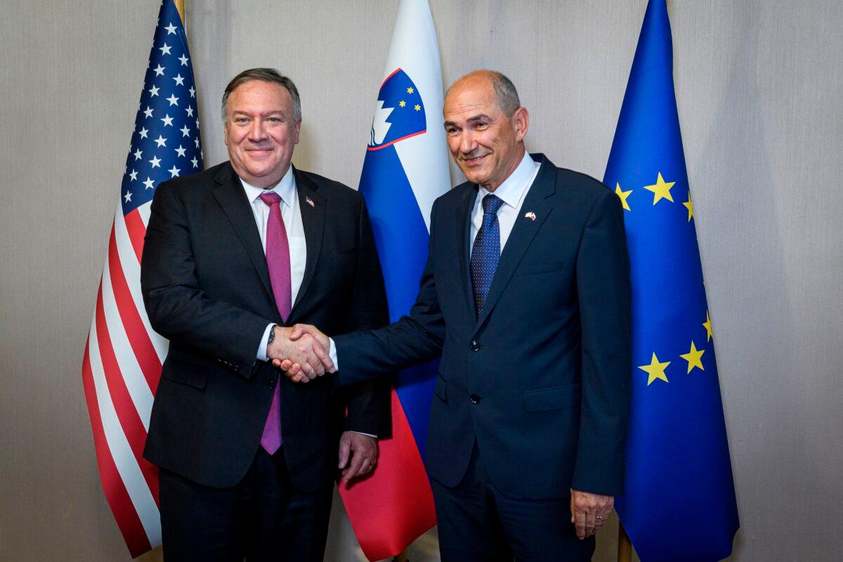 Slovenian Prime Minister Janez Jansa (R) welcomed U.S. Secretary of State Mike Pompeo ahead of their meeting in Bled, on Aug. 13, 2020. (Jure Makovec /Pool /AFP via Getty Images)