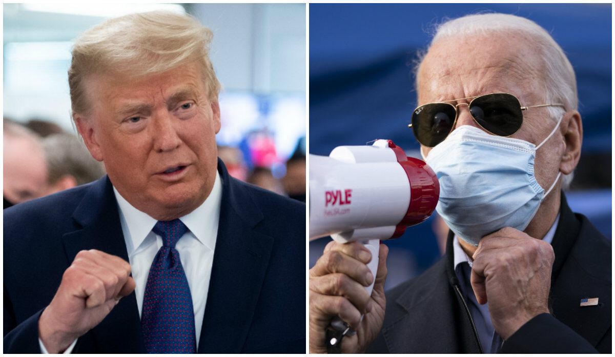 President Donald Trump (L) speaks as he visits his campaign headquarters in Arlington, Va., on November 3, 2020. (Saul Loeb/AFP via Getty Images); Democratic presidential nominee Joe Biden (R) rallies supporters in the West Oak Lane neighborhood in Philadelphia, Pa., on Nov. 3, 2020. (Drew Angerer/Getty Images)