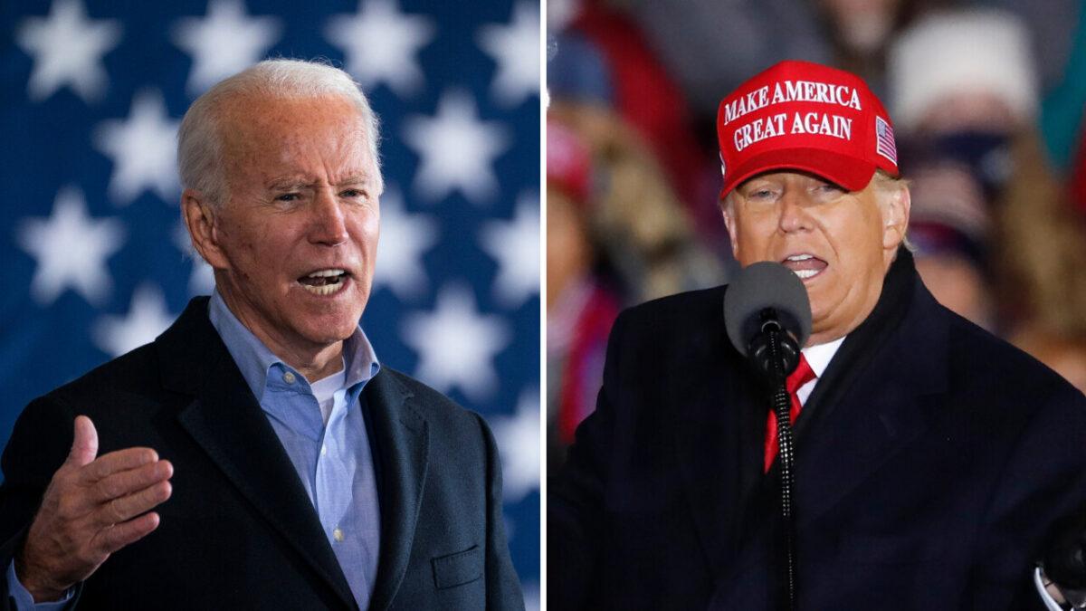 (L) Democratic presidential nominee Joe Biden speaks at a get-out-the-vote drive-in rally at Cleveland Burke Lakefront Airport in Cleveland, Ohio, on Nov. 02, 2020. (Drew Angerer/Getty Images)<br/>(R) President Donald Trump speaks during a rally in Grand Rapids, Mich. on Nov. 3, 2020. (Kamil Krzaczynski/Getty Images)