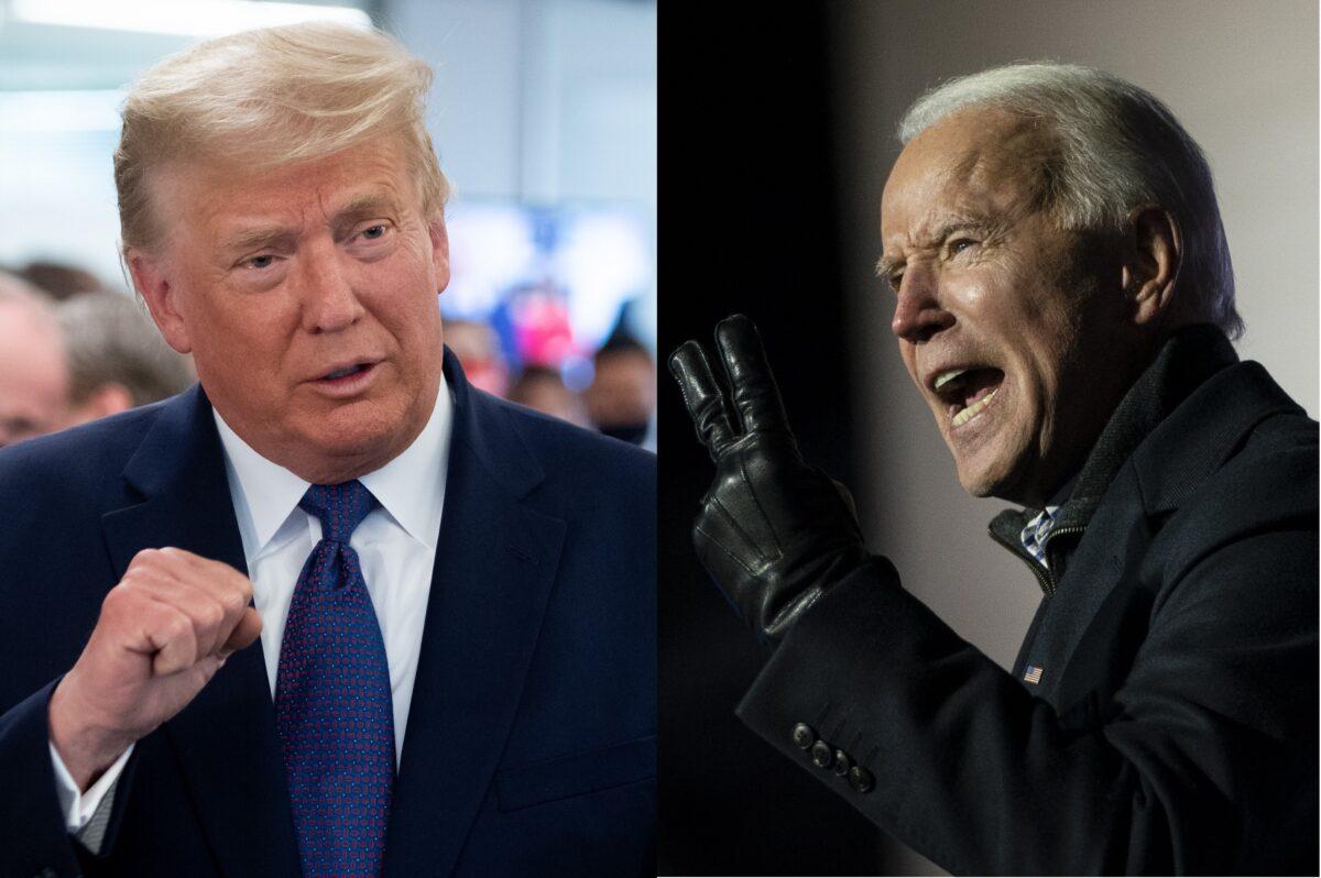 President Donald Trump (L) speaks as he visits his campaign headquarters in Arlington, Va., on Nov. 3, 2020. (Saul Loeb/AFP via Getty Images); (R) Democratic presidential nominee Joe Biden speaks during a drive-in campaign rally at Heinz Field in Pittsburgh, Pa., on Nov. 2, 2020. (Drew Angerer/Getty Images)