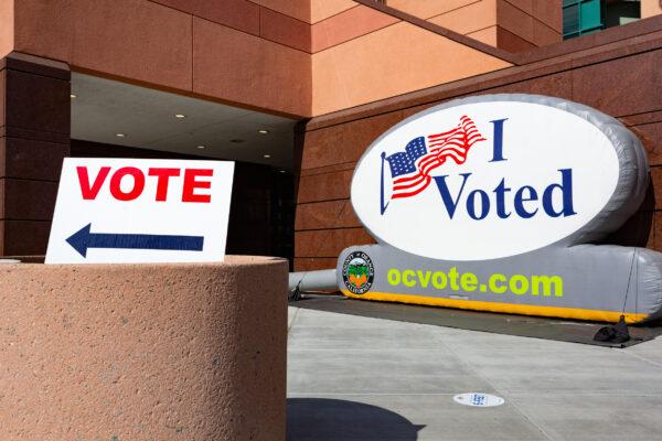 Voting signs at The Honda Center in Anaheim, California on Nov. 2, 2020 (John Fredricks/The Epoch Times)