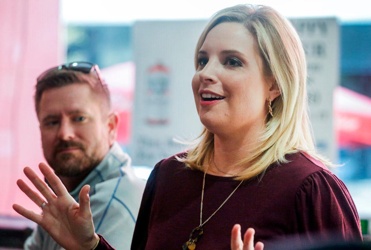 Then-Republican candidate for Iowa's First Congressional District Ashley Hinson speaks to supporters at Jimmy Z's in Cedar Rapids, Iowa, on Nov. 3, 2020. (Jim Slosiarek/The Gazette via AP)