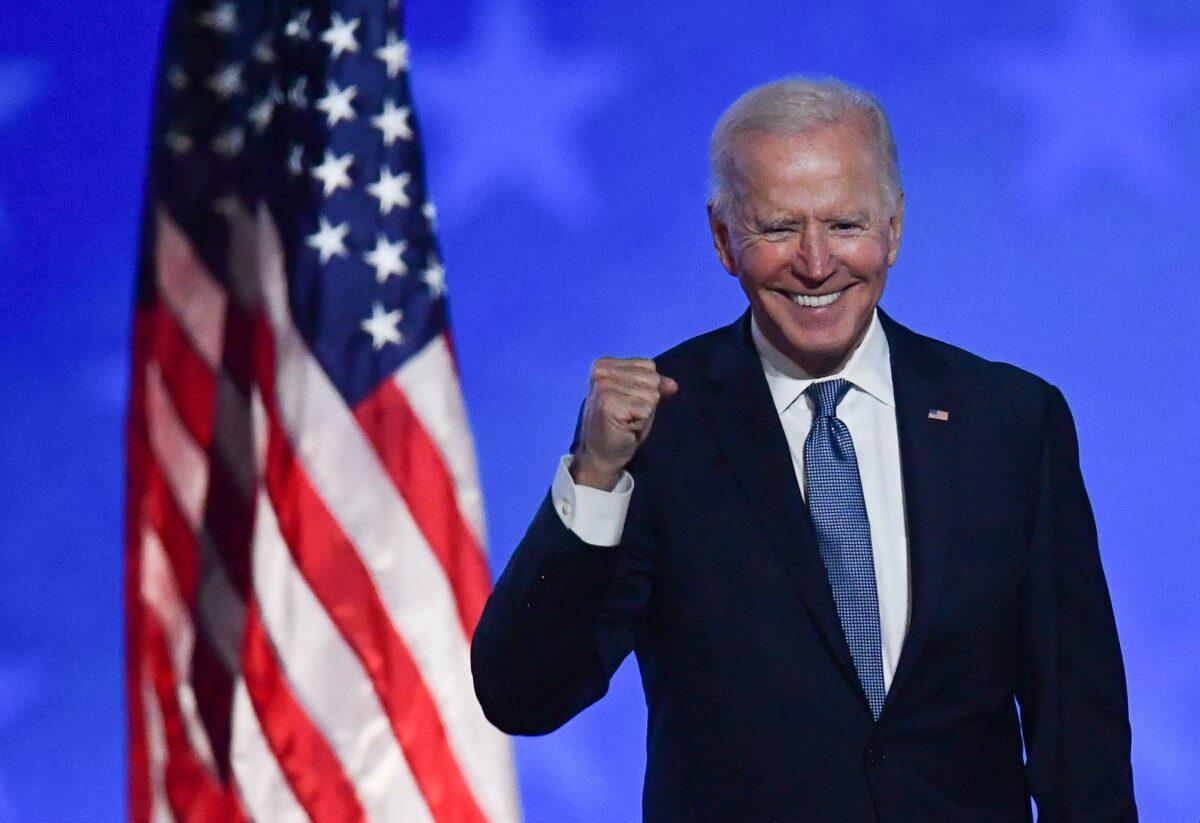 Democratic presidential nominee Joe Biden gestures after speaking during election night at the Chase Center in Wilmington, Del., early Nov. 4, 2020. (Angela Weiss/AFP via Getty Images)
