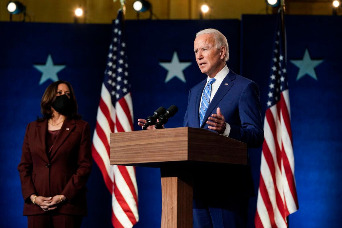 Democratic presidential nominee Joe Biden, joined by vice presidential nominee Sen. Kamala Harris (D-Calif.), speaks one day after Americans voted in the presidential election in Wilmington, Del., on Nov. 4, 2020. (Drew Angerer/Getty Images)