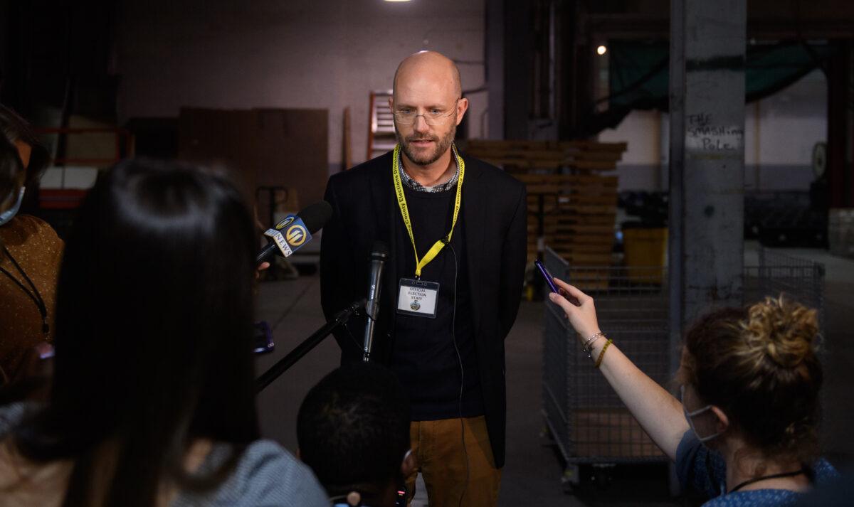 Allegheny County Solicitor Andy Szefi explains the vote counting process for the remaining ballots at the Allegheny County elections warehouse in Pittsburgh, Penn., on Nov. 4, 2020. (Jeff Swensen/Getty Images)