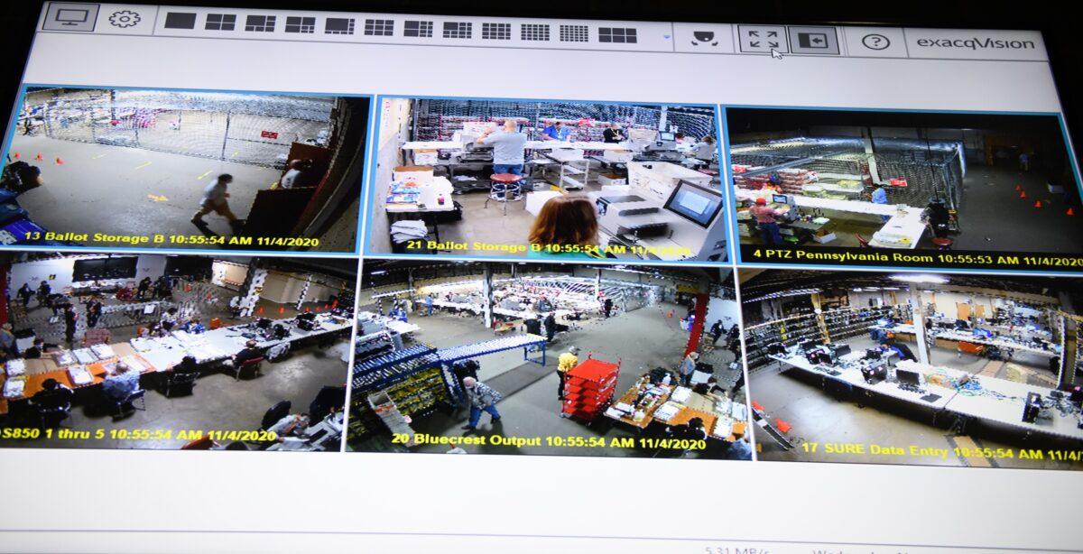A monitor shows video streams video of the ballot counting process at the Allegheny County elections warehouse in Pittsburgh, Penn., on Nov. 4, 2020. (Jeff Swensen/Getty Images)