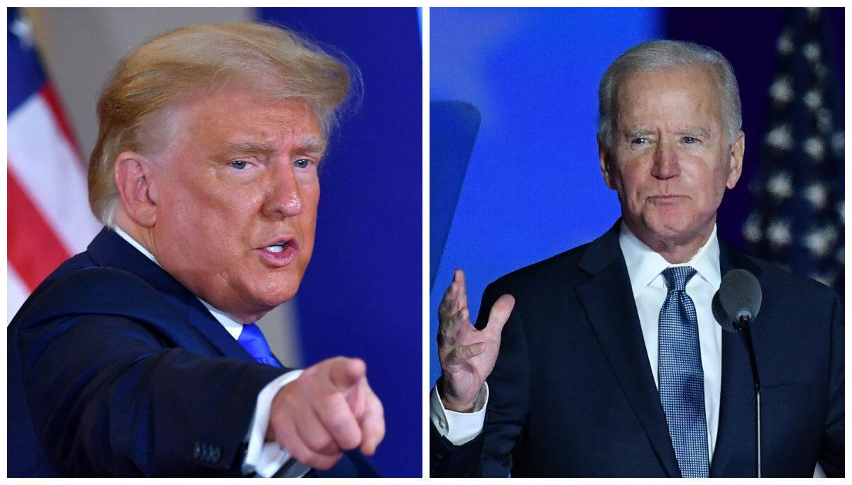 (L) President Donald Trump gestures after speaking during election night in the East Room of the White House in Washington, early on Nov. 4, 2020. (Mandel Ngan/AFP via Getty Images)<br/>Democratic presidential nominee Joe Biden speaks during election night at the Chase Center in Wilmington, Del., early on Nov. 4, 2020. (Angela Weiss/AFP via Getty Images)