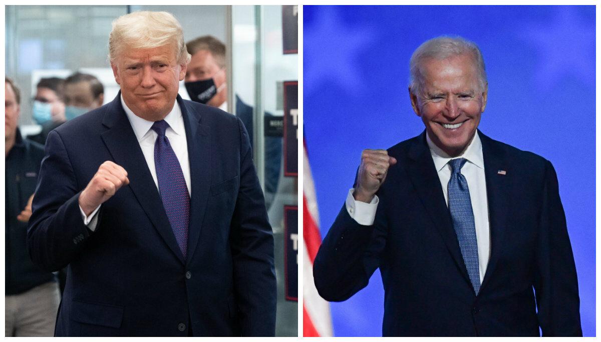 (L) President Donald Trump visits his campaign headquarters in Arlington, Va., on Nov. 3, 2020. (Saul Loeb/AFP via Getty Images); Democratic presidential nominee Joe Biden gestures after speaking during election night at the Chase Center in Wilmington, Del., early on Nov. 4, 2020. (Angela Weiss / AFP via Getty Images)