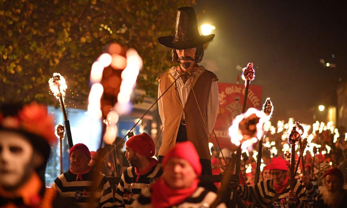 An effigy of Guy Fawkes is paraded through the streets of Lewes in East Sussex, southern England, on November 5, 2019, (Ben Stansall/AFP via Getty Images)