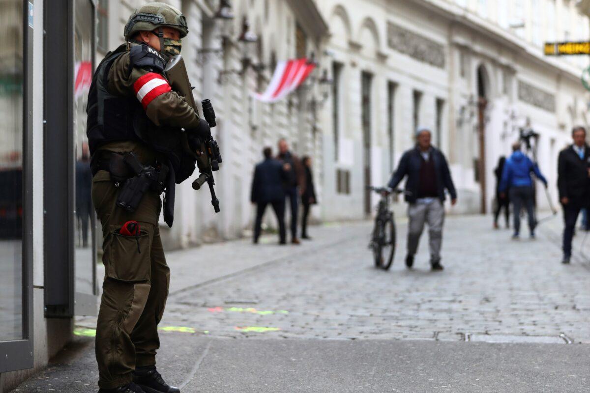A military police officer guards the crime scene near a synagogue in Vienna, Austria, on Nov. 4, 2020. (Matthias Schrader/AP Photo)