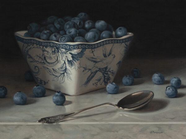 "Blue and White Dish With Blueberries," by Susan Paterson. Oil on panel; 9 inches by 12 inches. (Courtesy of Susan Paterson)