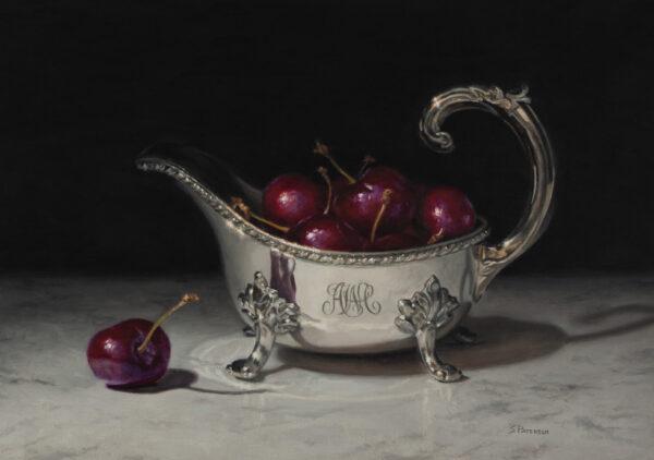 "Silver and Cherries," by Susan Paterson. Oil on panel; 10 inches by 14 inches. (Courtesy of Susan Paterson)