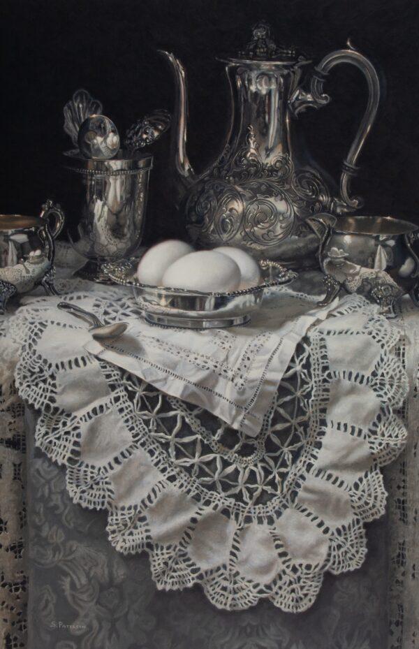 "Silver and Eggs," by Susan Paterson. Oil on panel; 27 1/2 inches by 18 inches. (Courtesy of Susan Paterson)