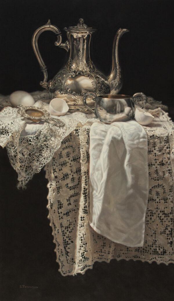 "Teapot and Lace," by Susan Paterson. Oil on panel; 29 1/2 inches by 17 1/4 inches. (Courtesy of Susan Paterson)