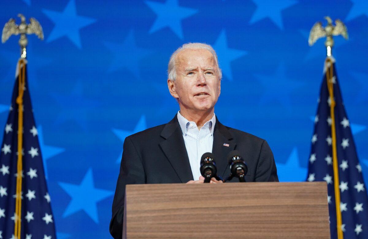 Democratic presidential nominee Joe Biden makes a statement on the 2020 presidential election results during a brief appearance before reporters in Wilmington, Del., on Nov. 5, 2020. (Kevin Lamarque/Reuters)
