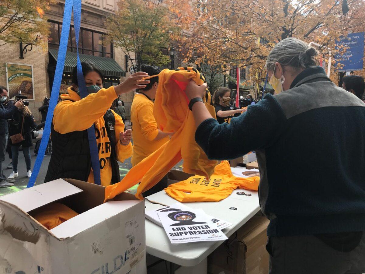 People gather outside the Pennsylvania Convention Center in Philadelphia, Pa., to call for all votes to be counted, on Nov. 6, 2020. (Charlotte Cuthbertson/The Epoch Times)