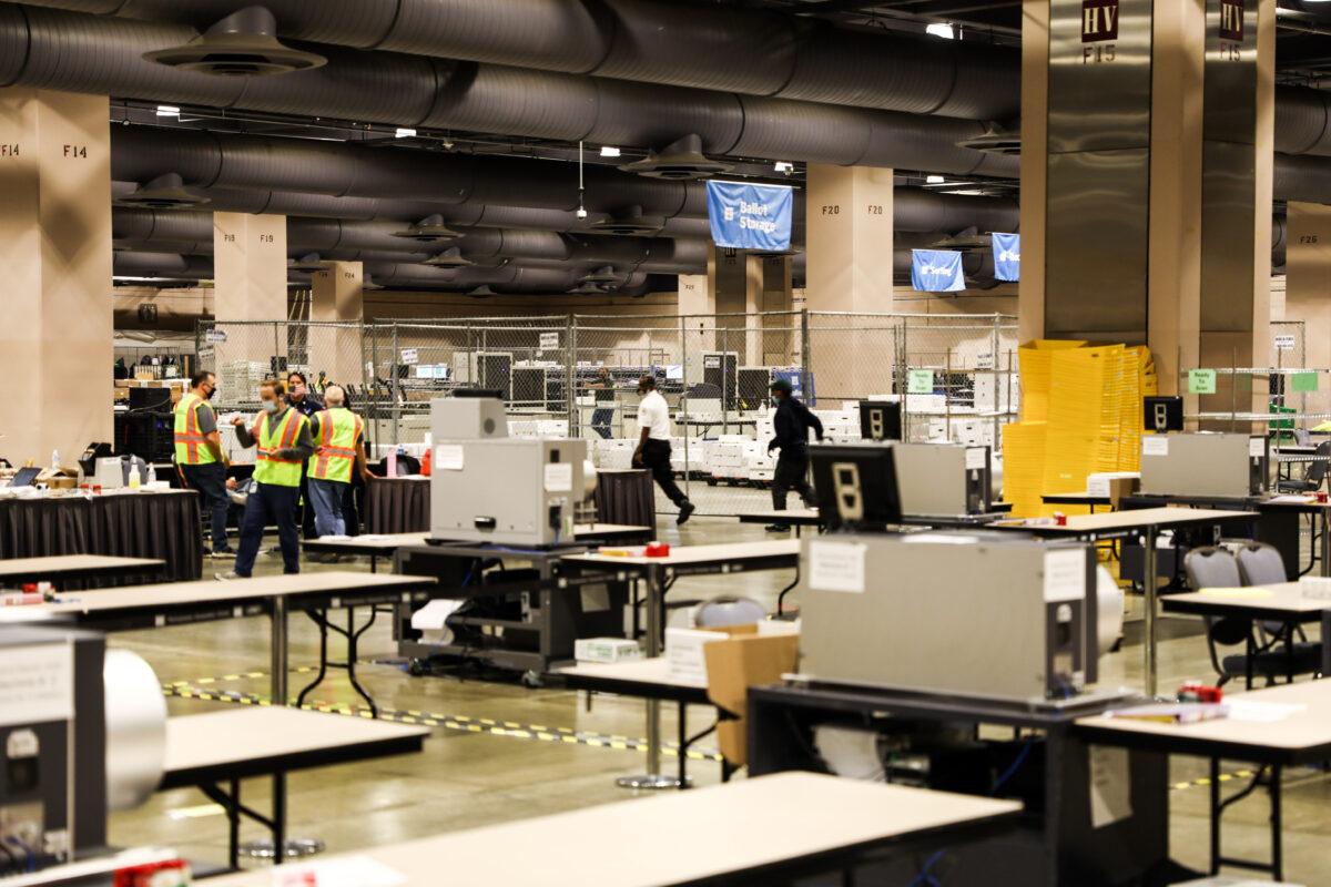 The ballot counting room inside the Pennsylvania Convention Center in Philadelphia on Nov. 6, 2020. (Charlotte Cuthbertson/The Epoch Times)